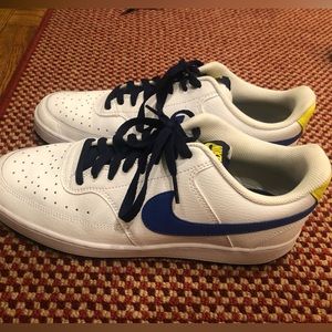 Size 10 Nike Court Vision, Warriors Colors (White, Blue, and Yellow)